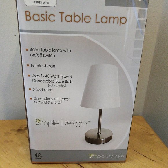Basic White 10 inch Table lamp. New in box. Silvertone base. Simple Designs - Picture 4 of 4